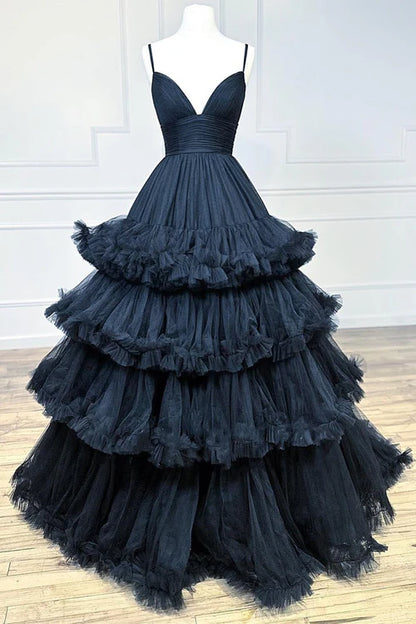 Wholesale Elegant A-line Evening Dress V-Neck Tulle Prom Dress with Tiered Ruffles