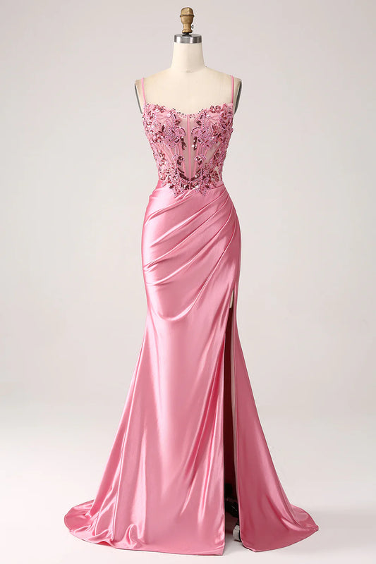 Wholesale Pink Mermaid Spaghetti Straps Sequin Corset Prom Dress with Slit