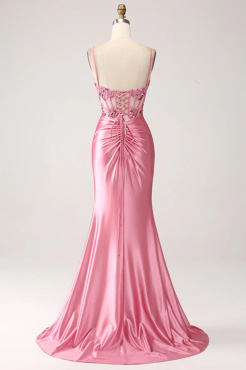 Wholesale Pink Mermaid Spaghetti Straps Sequin Corset Prom Dress with Slit