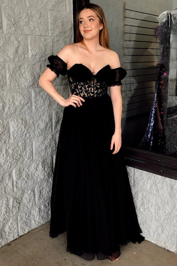 Wholesale Elegant A line Sweetheart Chiffon Prom Dress with Puff Sleeves