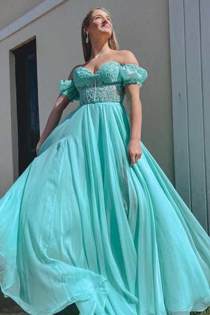 Wholesale Elegant A line Sweetheart Chiffon Prom Dress with Puff Sleeves