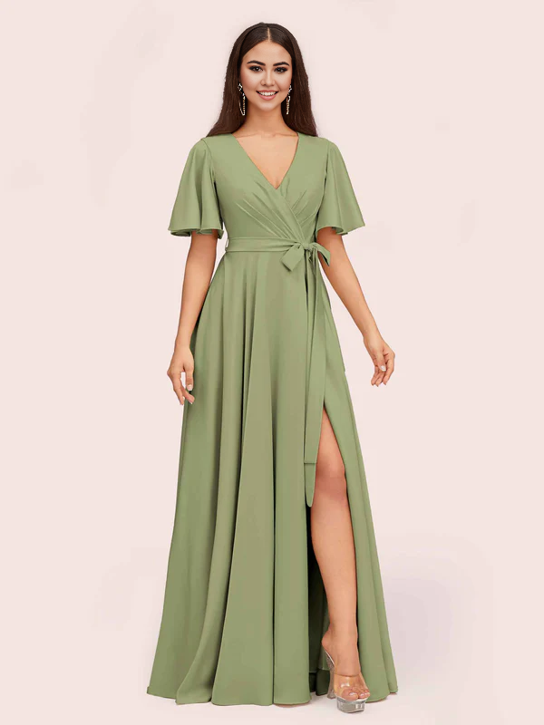 Wholesale A-Line V-Neck Short Sleeves Bridesmaid Dresses With Slit