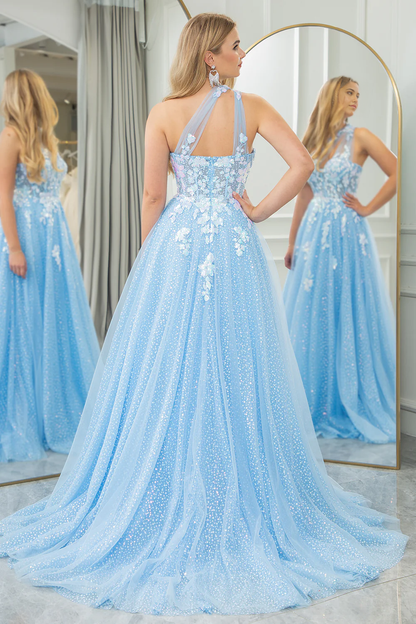 Wholesale Prom Dress A Line One Shoulder Evening Dress Sparkly Sequin Tulle Light Blue With Appliques