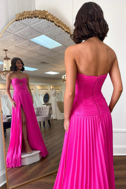 Wholesa Hot Pink Strapless Keyhole Pleated A-Line Prom Dress