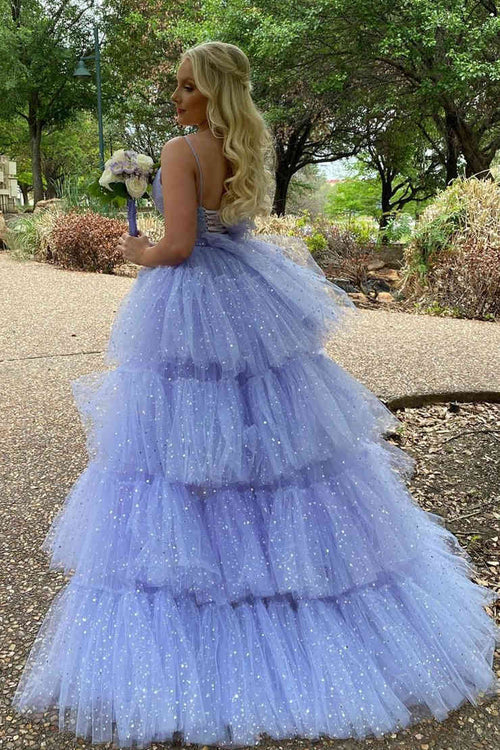 Wholesale Fashion Glitter Evening Dress Hi-Low Lavender Tiered Tulle Prom Dress