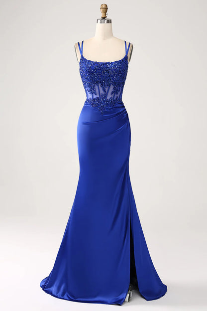 Wholesale Royal Blue Mermaid Corset Beaded Long Prom Dress with Slit