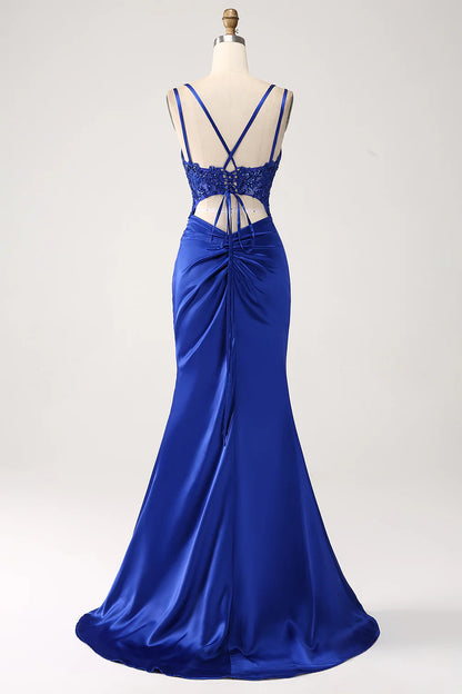 Wholesale Royal Blue Mermaid Corset Beaded Long Prom Dress with Slit