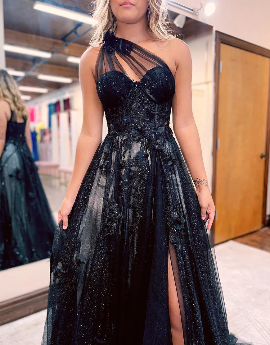 Wholesale A-line Tulle Black Prom Dress Formal Sleeveless with 3D Appliques