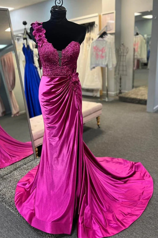 Wholesale Fashion One-Shoulder Prom Dresses 3D Floral Lace Pleated Long Gown Evening Dress with Slit