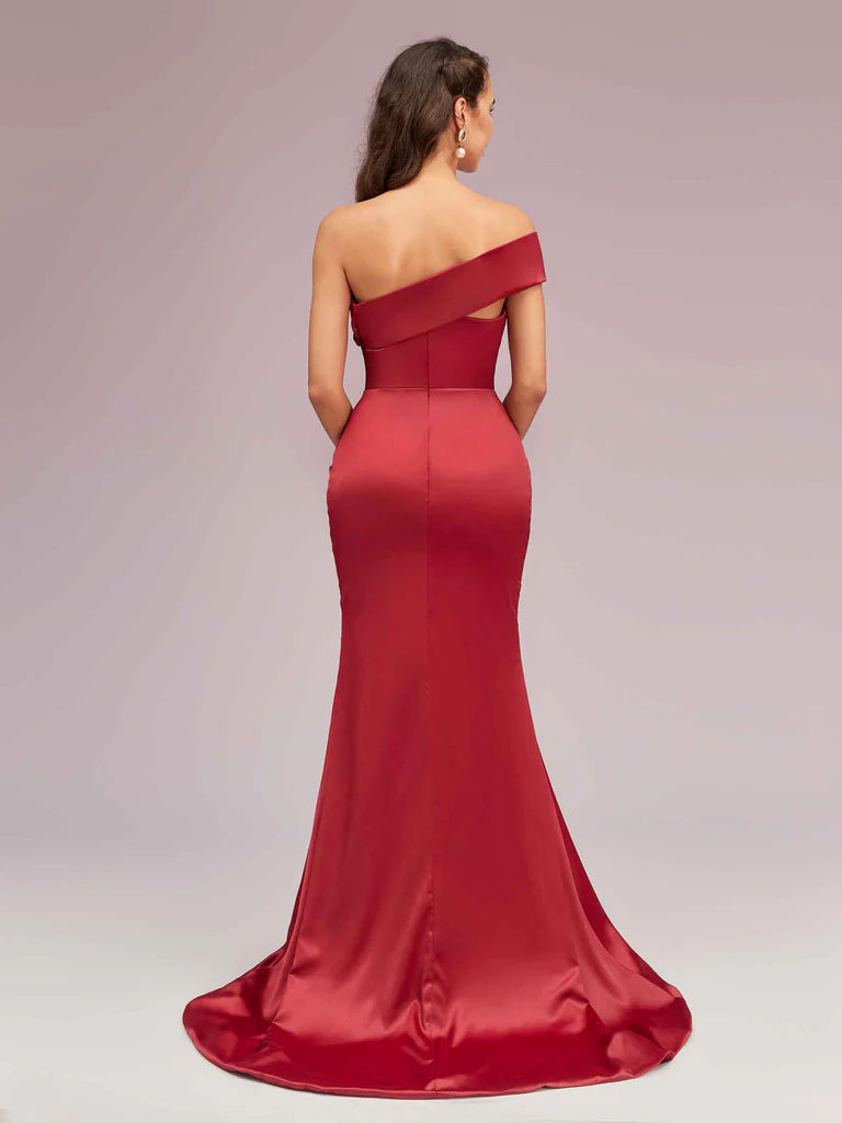 Wholesale Bridesmaid Dresses Mermaid One Shoulder Soft Satin With Slit