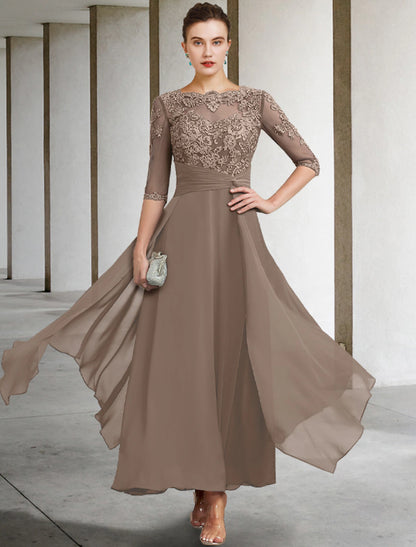 Wholesale A-Line Mother of the Bride Dress Wedding Guest Plus Size Elegant Jewel Neck Ankle Length Chiffon Lace Half Sleeve with Ruched Beading Appliques Fall