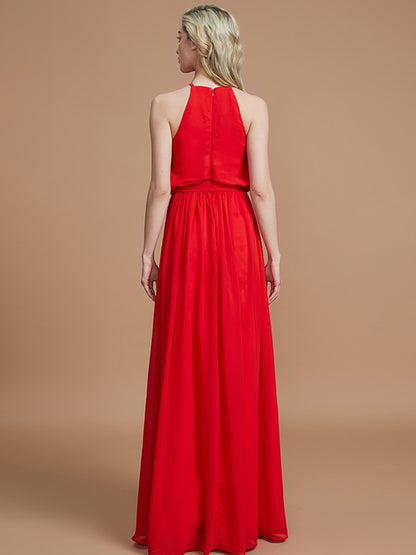 Wholesale A-Line Halter Sleeveless With Sash/Ribbon/Belt Floor-Length Chiffon Bridesmaid Dresses