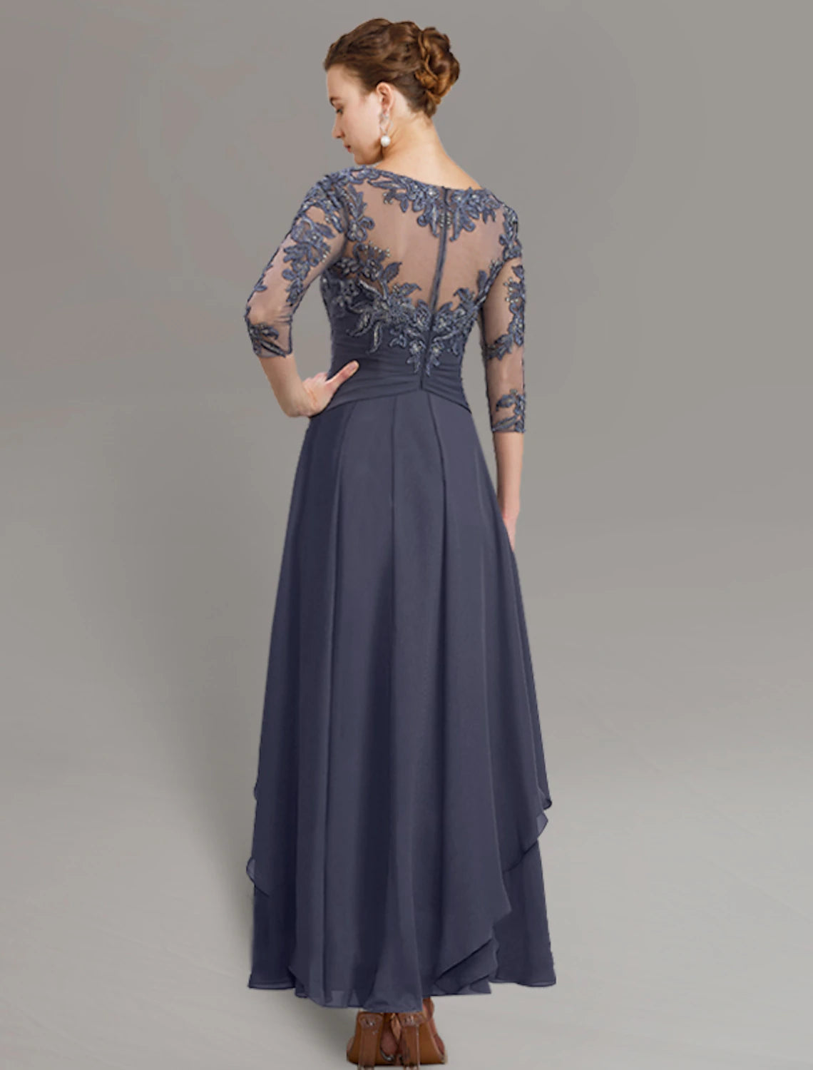 Wholesale Sheath / Column Mother of the Bride Dress Wedding Guest Simple Elegant Jewel Neck Ankle Length Chiffon Lace 3/4 Length Sleeve with Pleats Sequin