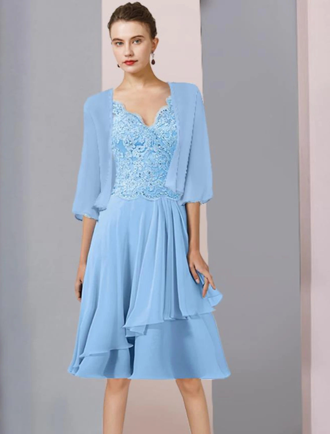 Wholesale Two Piece A-Line Mother of the Bride Dress Formal Wedding Guest Elegant V Neck Knee Length Chiffon Lace 3/4 Length Sleeve Wrap Included with Beading Sequin Appliques