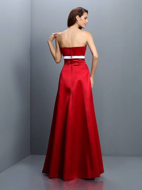 Wholesale A-Line Satin Strapless Sleeveless Floor-Length With Sash/Ribbon/Belt Bridesmaid Dresses