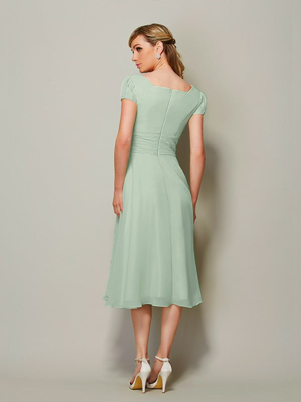 Wholesale Sheath Chiffon Bateau Short Sleeves Tea-Length With Ruffles Bridesmaid Dresses