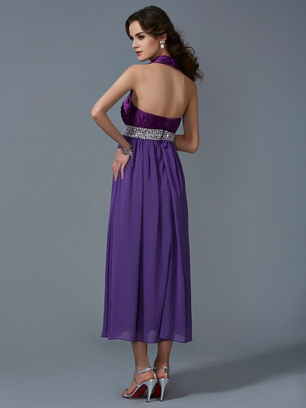 Wholesale A-Line Chiffon Halter Sleeveless Ankle-Length With Beading Bridesmaid Dresses