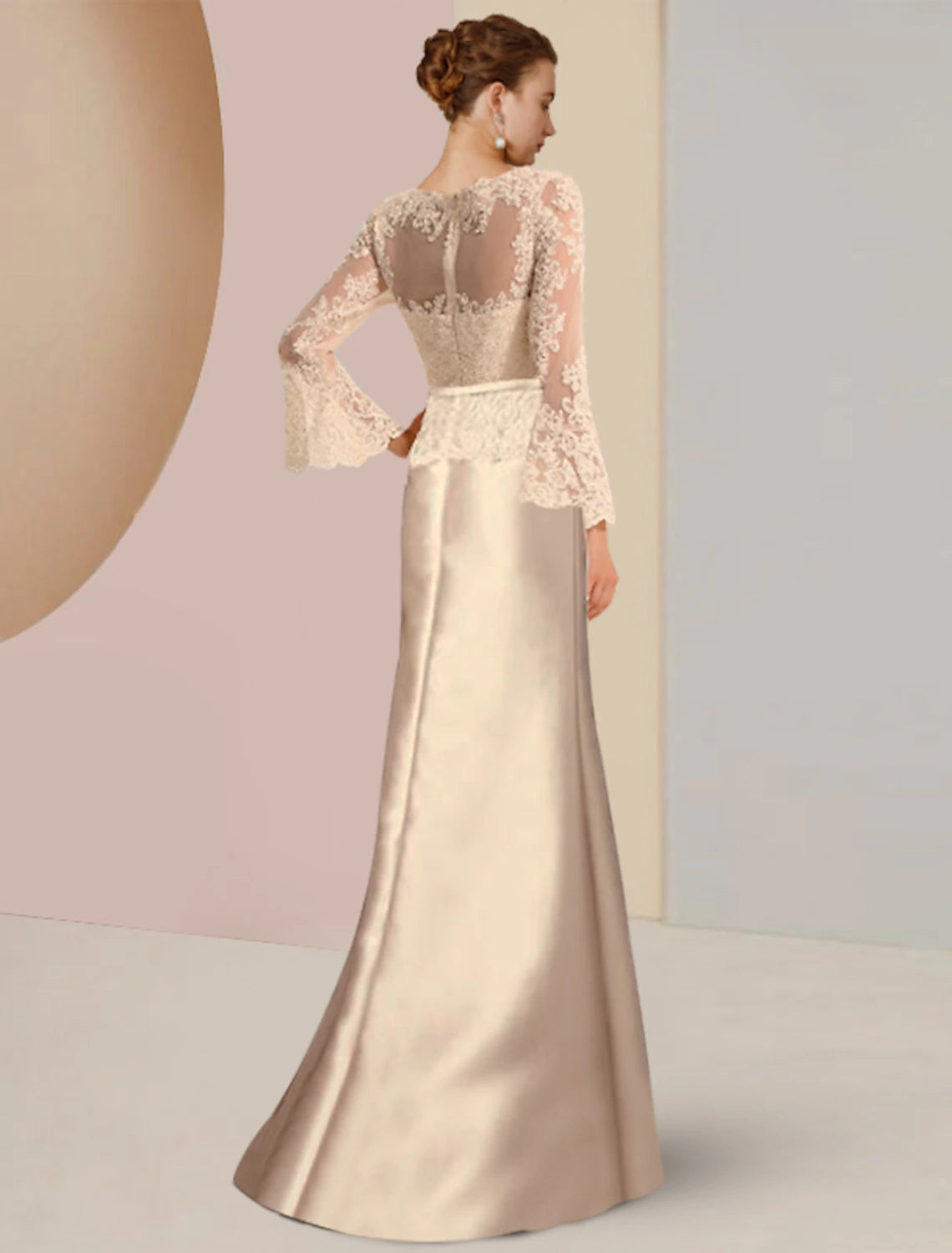 Wholesale Sheath / Column Mother of the Bride Dress Wedding Guest Elegant Scoop Neck Sweep / Brush Train Satin Lace Long Sleeve with Beading Appliques