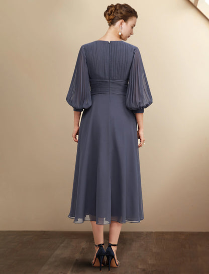 Wholesale A-Line Mother of the Bride Dress Plus Size Elegant V Neck Tea Length Chiffon 3/4 Length Sleeve with Pleats Ruched