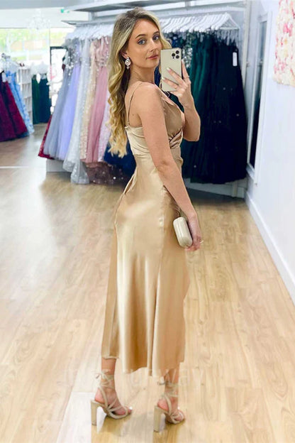 Wholesale Fashion Simple Evening Dress V-Neck Champagne Midi Prom Dress