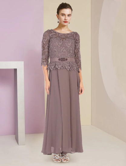 Wholesale Two Piece A-Line Mother of the Bride Dress Formal Wedding Guest Elegant Scoop Neck Floor Length Chiffon Lace 3/4 Length Sleeve Wrap Included with Appliques Crystal Brooch