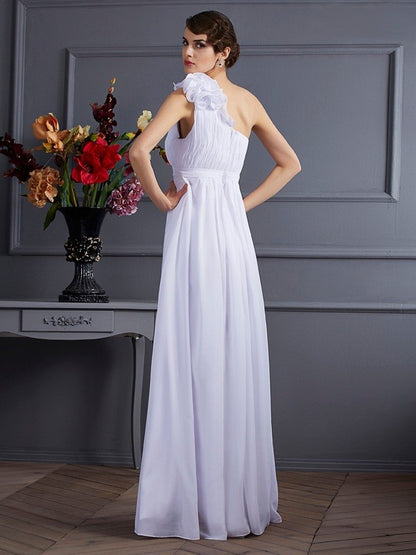 Wholesale A-Line Chiffon One-Shoulder Sleeveless Floor-Length With Applique Dresses