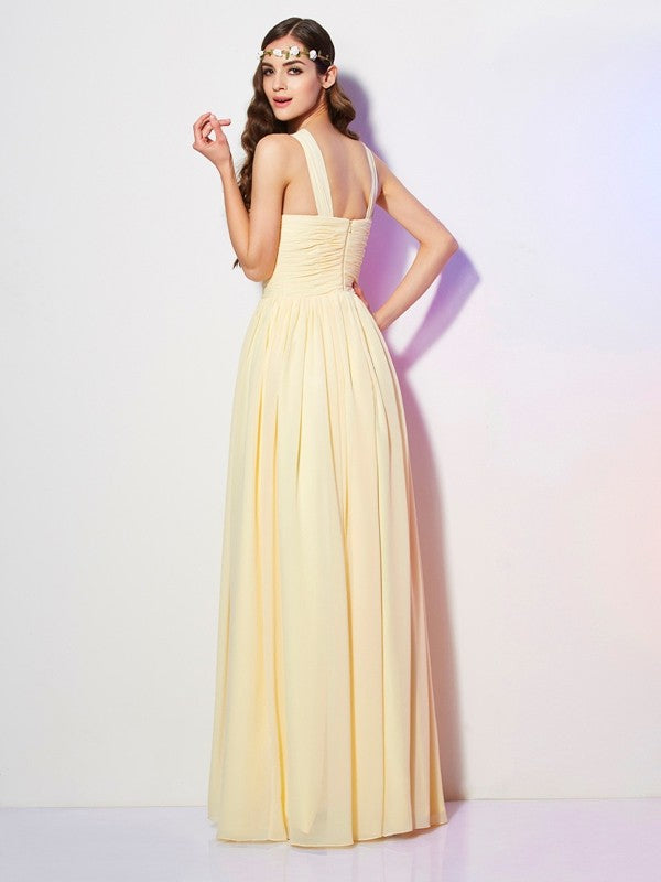 Wholesale A-Line Chiffon Bateau Sleeveless Floor-Length With Pleats Bridesmaid Dresses