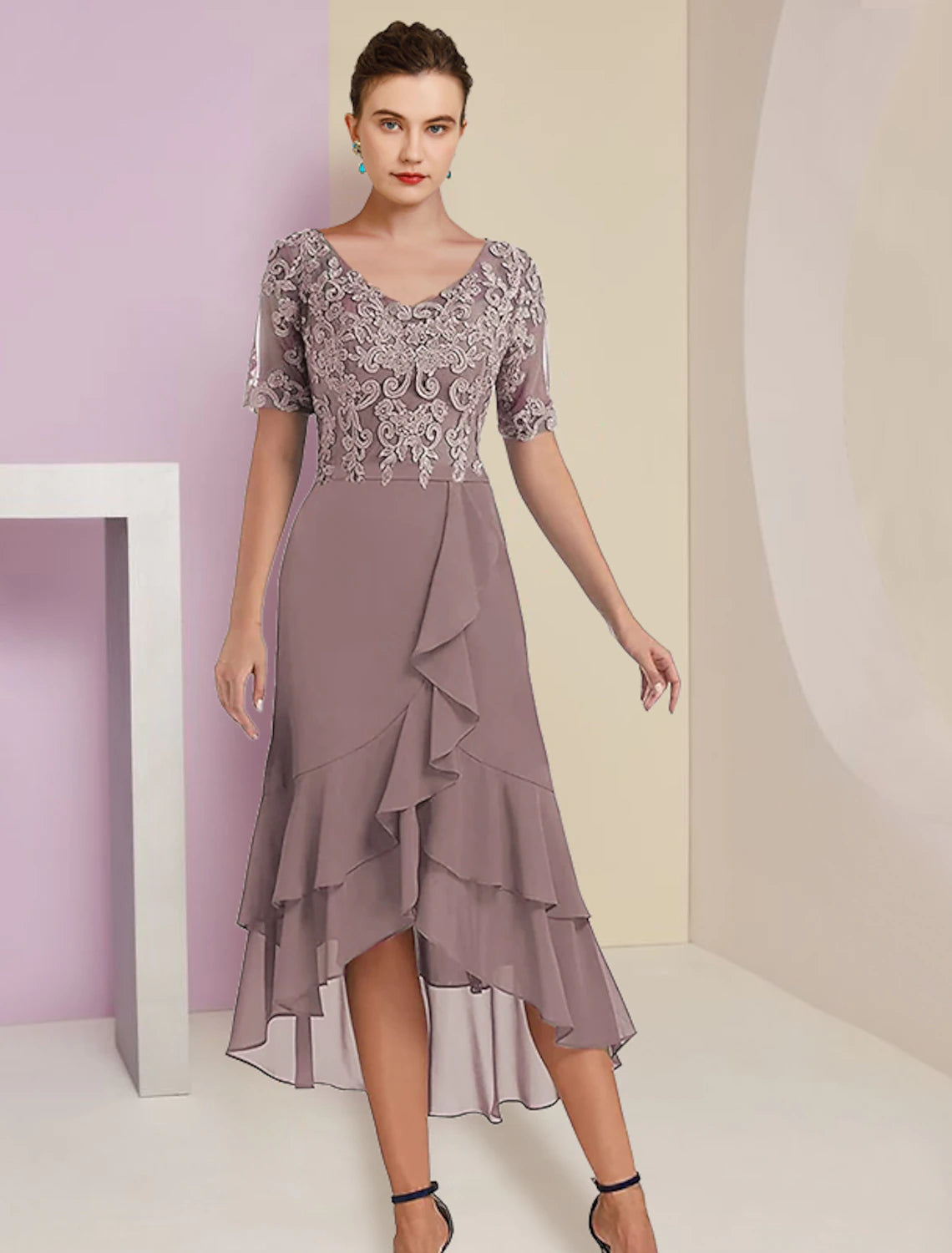 Wholesale Two Piece A-Line Mother of the Bride Dress Formal Fall Wedding Guest Elegant High Low V Neck Asymmetrical Tea Length Chiffon Lace Short Sleeve 3/4 Length Sleeve Wrap Included with Appliques