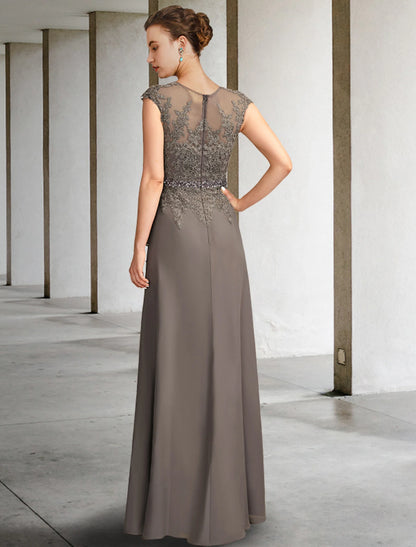 Wholesale A-Line Mother of the Bride Dress Elegant V Neck Floor Length Chiffon Lace Cap Sleeve with Sash / Ribbon Appliques