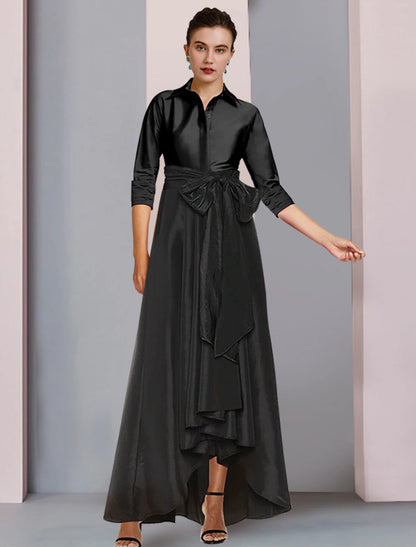 Wholesale A-Line Mother of the Bride Dress Plus Size Elegant High Low Shirt Collar Asymmetrical Floor Length Satin 3/4 Length Sleeve with Sash / Ribbon Bow(s) Pleats