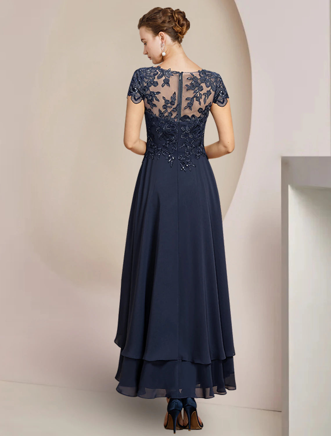 Wholesale A-Line Mother of the Bride Dress Formal Wedding Guest Elegant High Low Scoop Neck Asymmetrical Tea Length Chiffon Lace Short Sleeve with Sequin Appliques