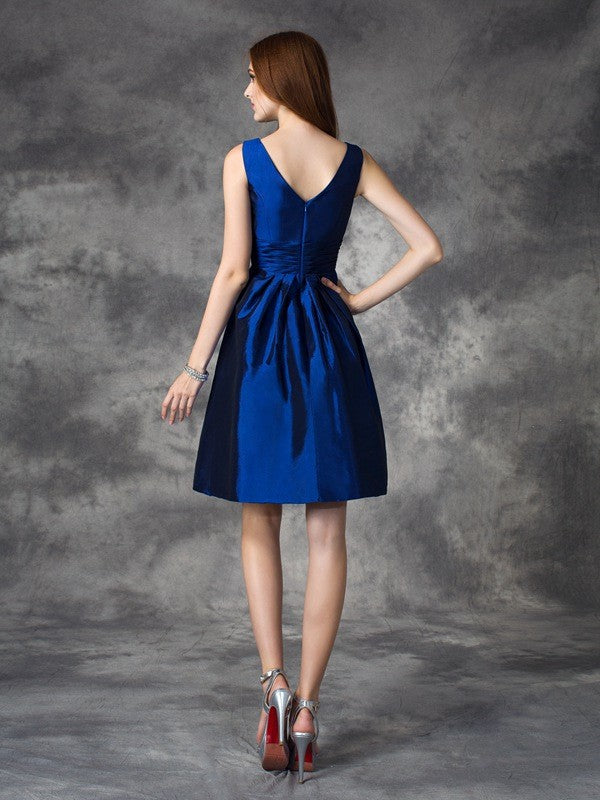 Wholesale A-Line Satin V-neck Sleeveless Short/Mini With Ruched Bridesmaid Dresses