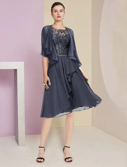 Wholesale Two Piece A-Line Mother of the Bride Dress Formal Wedding Guest Vintage Elegant Scoop Neck Knee Length Chiffon Lace Short Sleeve Wrap Included with Pleats Appliques