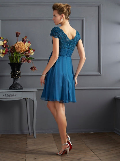 Wholesale A-Line Chiffon Scoop Short Sleeves Short/Mini With Lace Bridesmaid Dresses