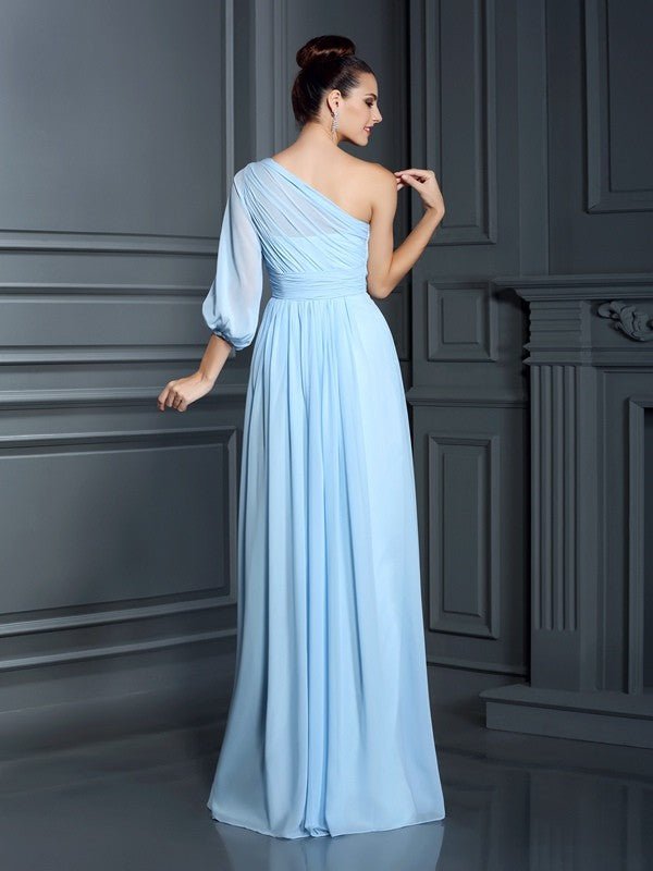 Wholesale Sheath Chiffon One-Shoulder 3/4 Sleeves Floor-Length With Ruffles Bridesmaid Dresses