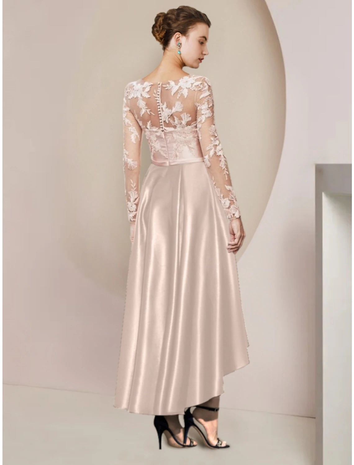 Wholesale Sheath / Column Mother of the Bride Dress Wedding Guest Party Elegant V Neck Asymmetrical Ankle Length Satin Long Sleeve with Lace Pleats