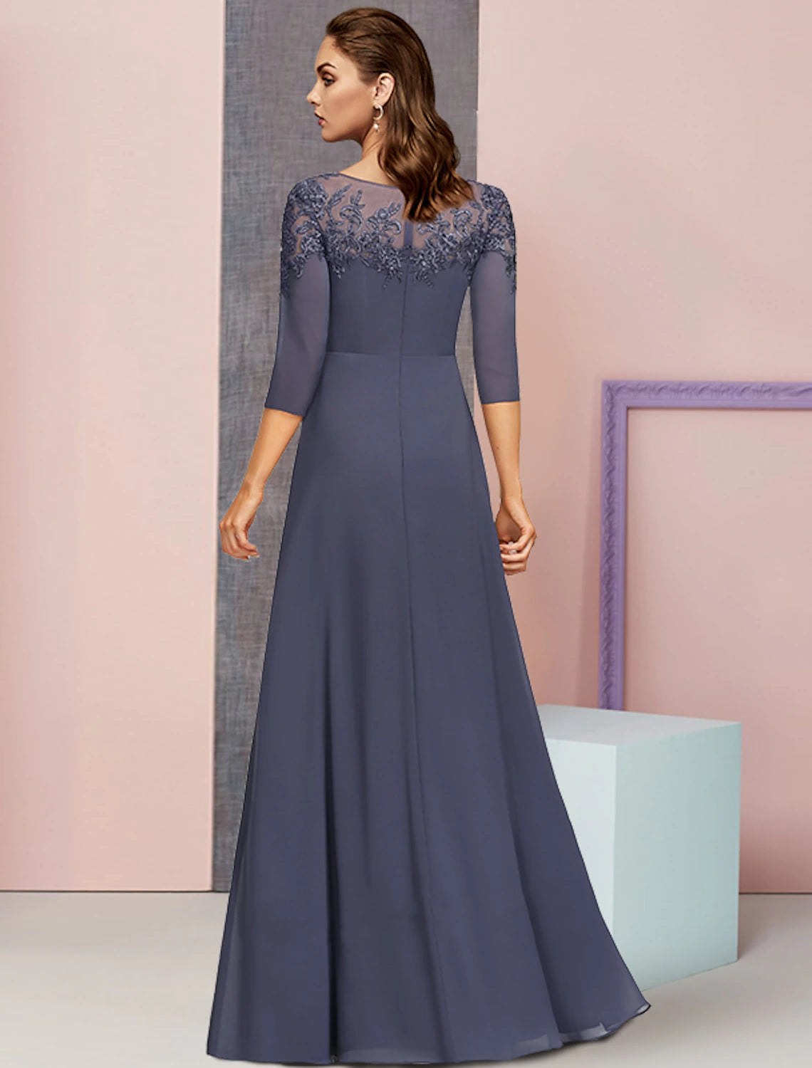 Wholesale A-Line Mother of the Bride Dress Formal Elegant Jewel Neck Floor Length Chiffon Lace 3/4 Length Sleeve with Sequin Appliques