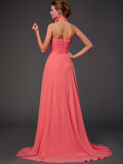 Wholesale A-Line Chiffon Halter Sleeveless Sweep/Brush Train With Hand-Made Flower Bridesmaid Dresses