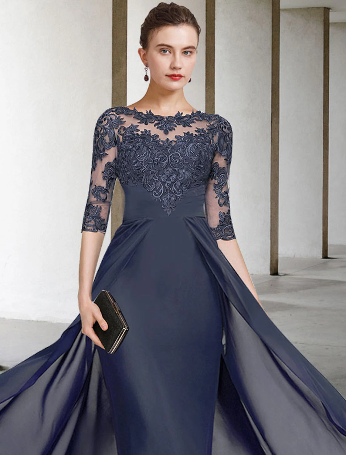 Wholesale Sheath / Column Mother of the Bride Dress Plus Size Elegant Jewel Neck V Neck Floor Length Chiffon Lace Half Sleeve with Ruched Appliques