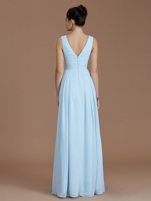 Wholesale A-Line V-neck Sleeveless With Ruched Floor-Length Chiffon Bridesmaid Dresses