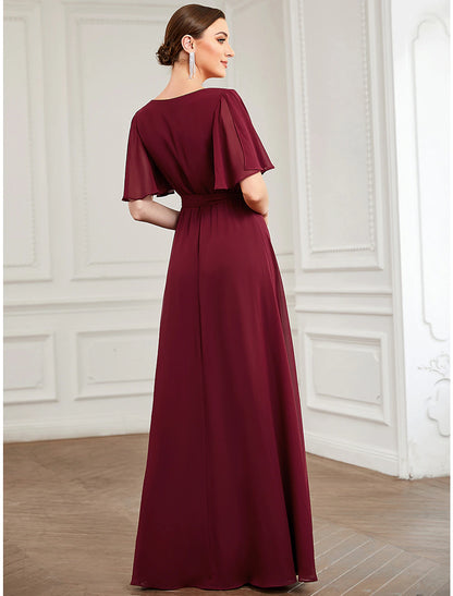 Wholesale A-Line Bridesmaid Dress V Neck Short Sleeve Elegant Floor Length Chiffon with Ruffles / Draping / Bandage