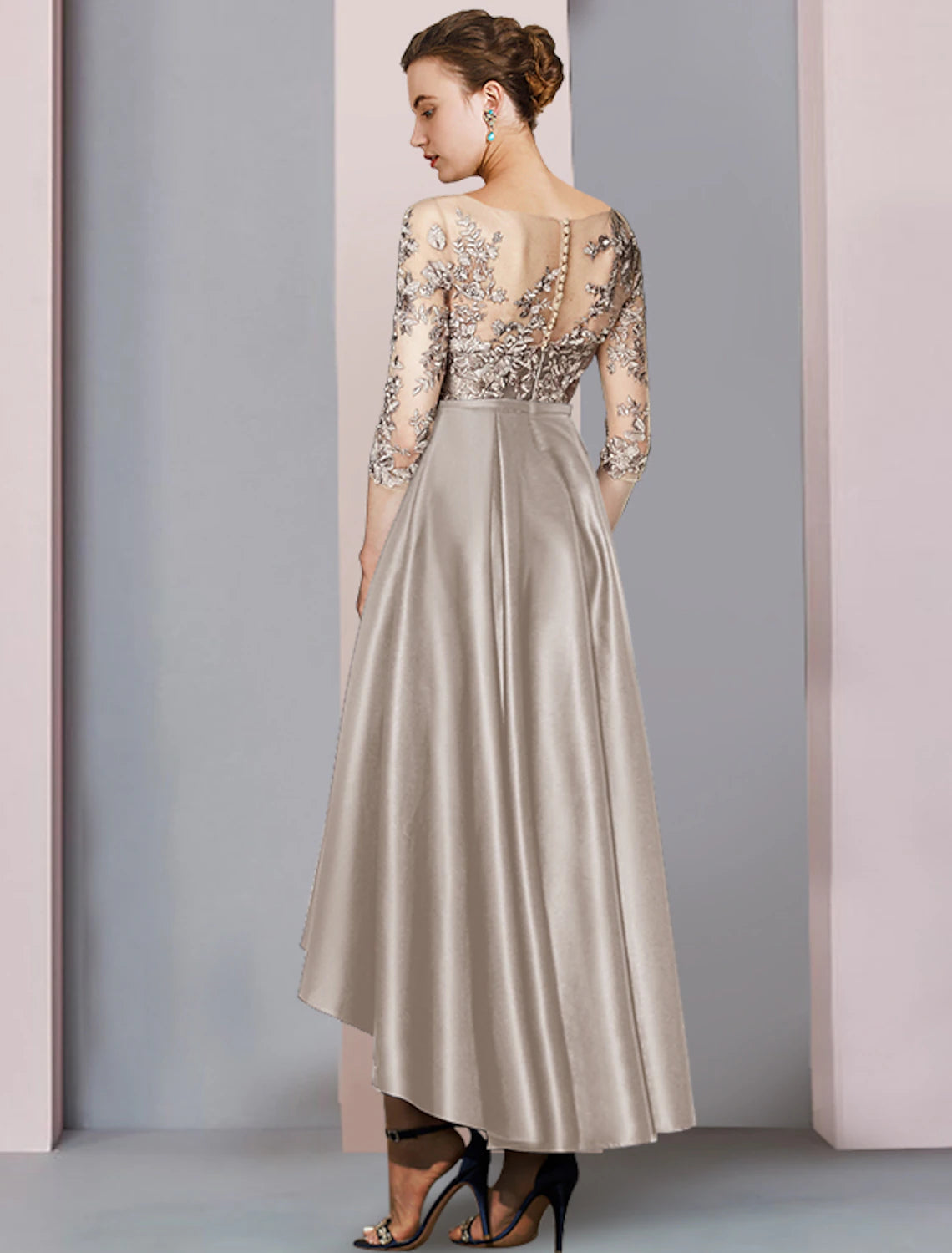 Wholesale A-Line Mother of the Bride Dress Wedding Guest Elegant High Low Scoop Neck Asymmetrical Tea Length Satin Lace Half Sleeve with Pleats Appliques