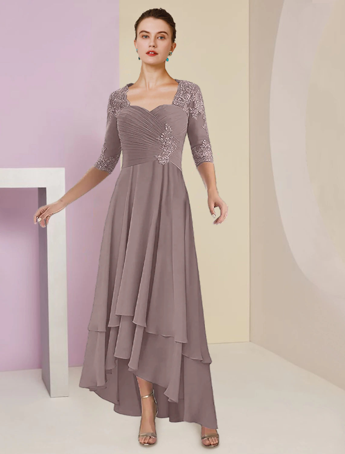 Wholesale Two Piece A-Line Mother of the Bride Dress Formal Wedding Guest Elegant Square Neck Asymmetrical Tea Length Chiffon Lace 3/4 Length Sleeve Wrap Included with Ruched Tier Appliques