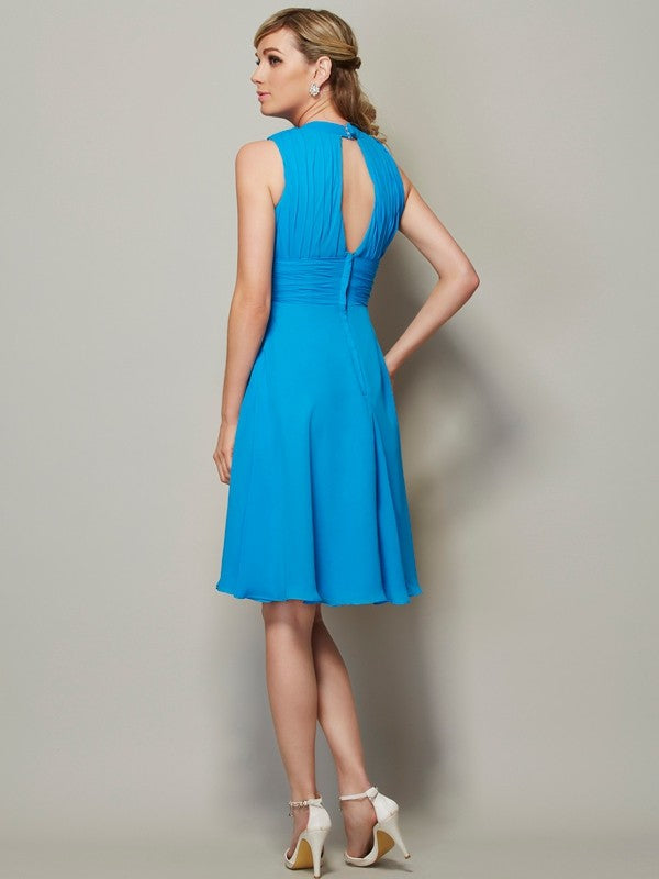 Wholesale A-Line Chiffon High Neck Sleeveless Knee-Length With Pleats Bridesmaid Dresses