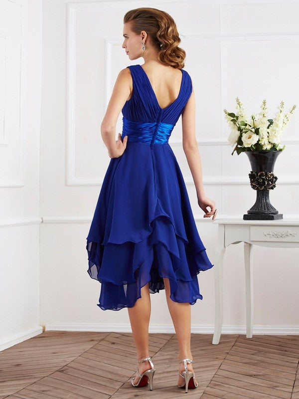 Wholesale A-Line Chiffon V-neck Short Sleeves Tea-Length With Pleats Bridesmaid Dresses