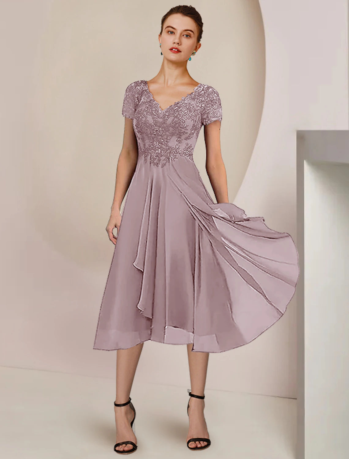 Wholesale Two Piece A-Line Mother of the Bride Dress Formal Wedding Guest Elegant V Neck Asymmetrical Tea Length Chiffon Lace Short Sleeve Wrap Included with Pleats Appliques