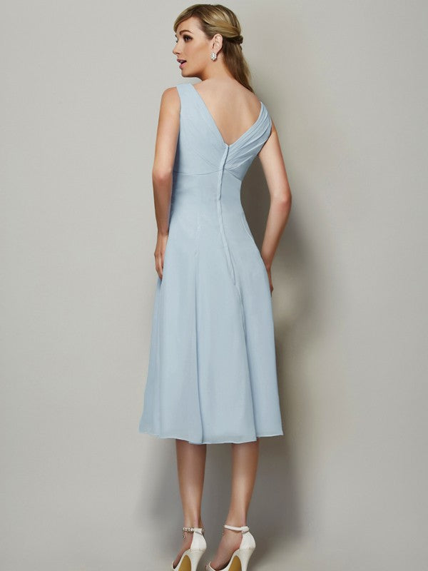 Wholesale A-Line Chiffon V-neck Sleeveless Tea-Length With Pleats Bridesmaid Dresses