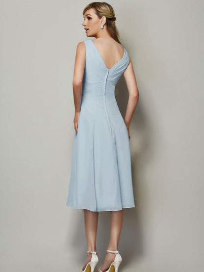 Wholesale A-Line Chiffon V-neck Sleeveless Tea-Length With Pleats Bridesmaid Dresses