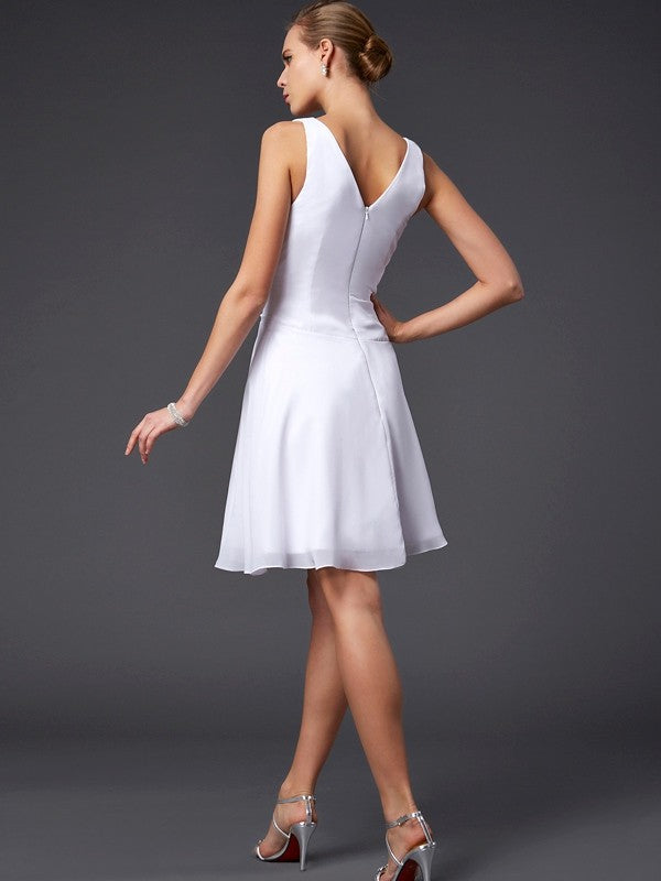 Wholesale A-Line Chiffon V-neck Sleeveless Knee-Length With Pleats Bridesmaid Dresses