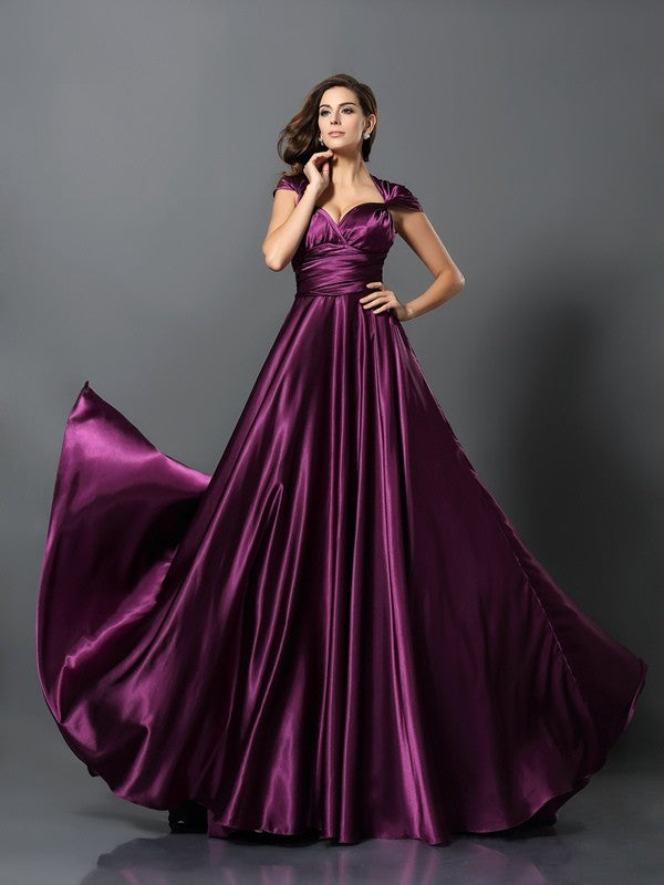 Wholesale A-Line Silk like Satin V-neck Sleeveless Sweep/Brush Train With Pleats Convertible Bridesmaid Dresses